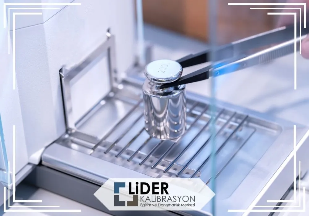 Terazi kalibrasyon laboratuvarında hassas terazi ve kütle seti ile yapılan kalibrasyon