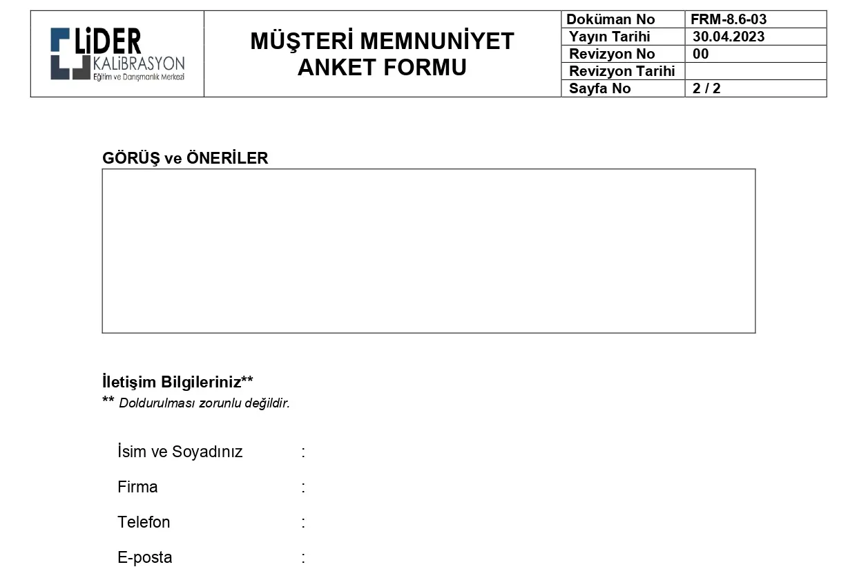 Müşteri memnuniyet anketi formunun ikinci sayfası — öneri ve görüş bölümü